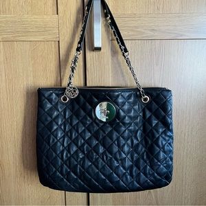 DKNY Donna Karan NY Genuine leather black Large zip top tote bag chain handles